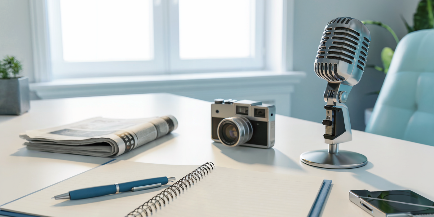 Mikrofon, Kamera und Notizblock für Presseinformationen