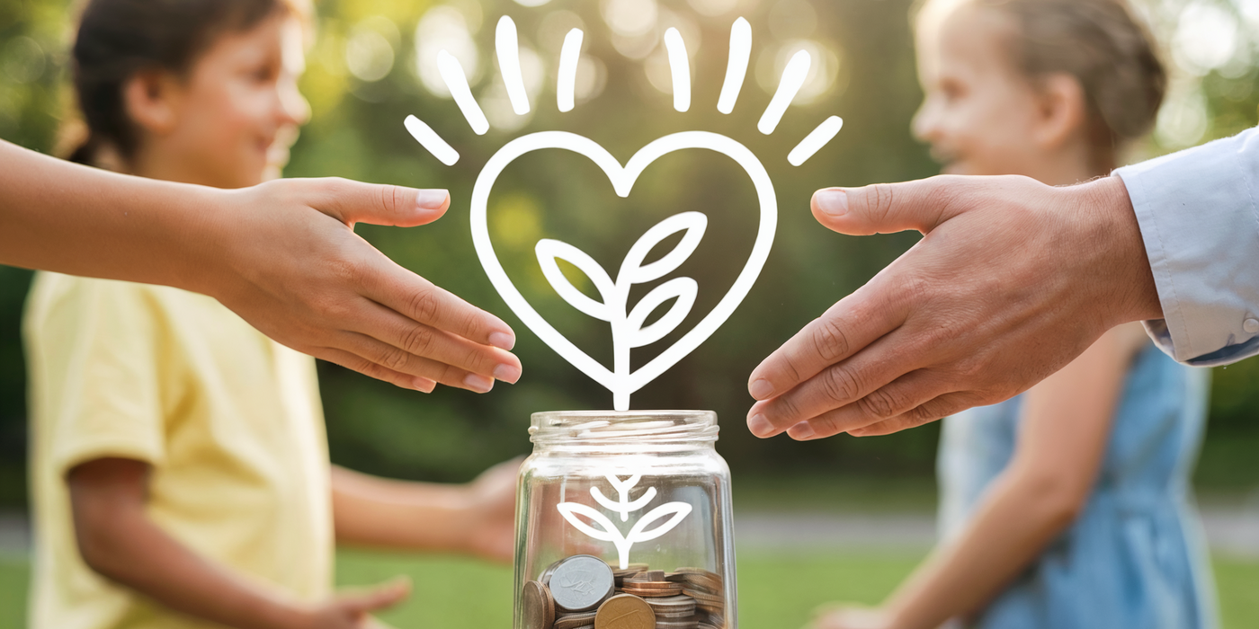 Zwei Hände umrahmen Spenden-Sparschwein mit Herzsymbol